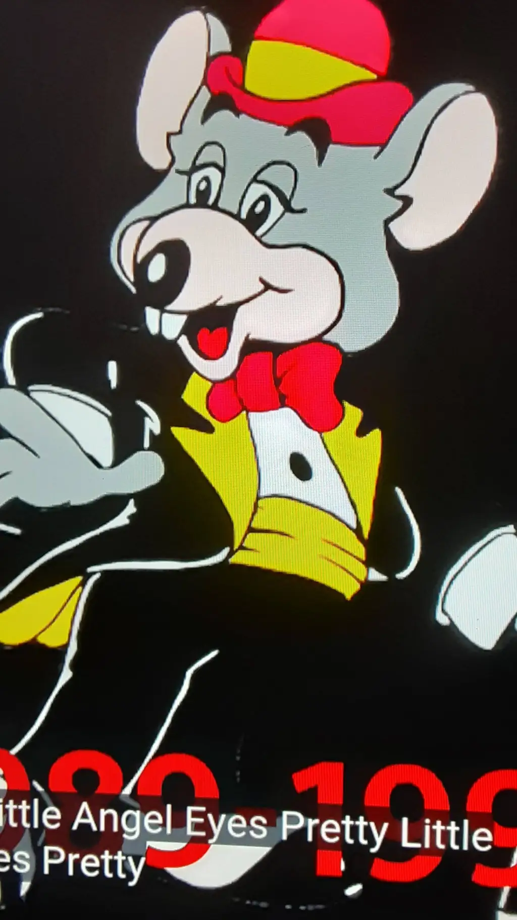 ai character: Chuck E cheese'90s background