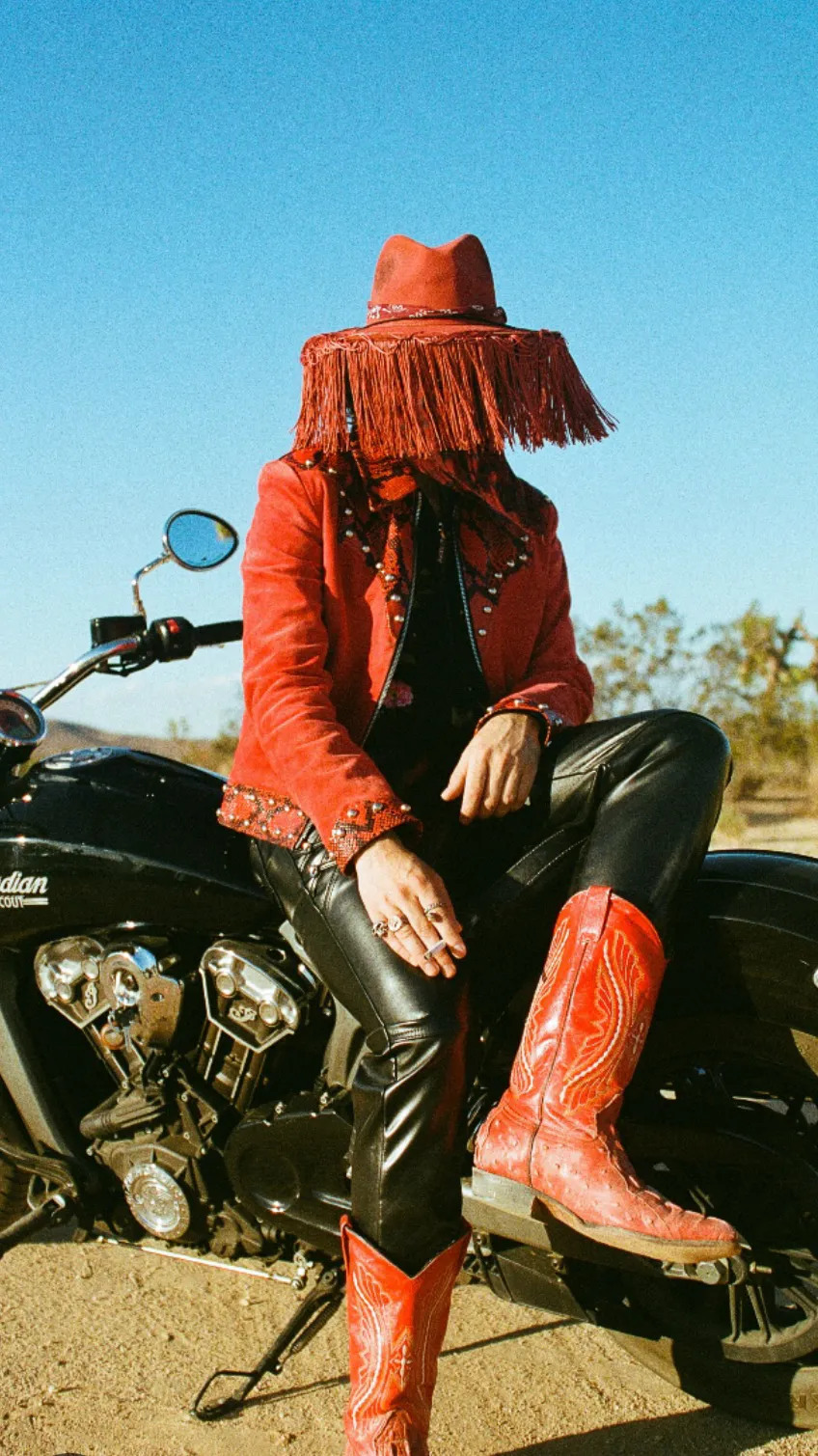 ai character: Red leather  background