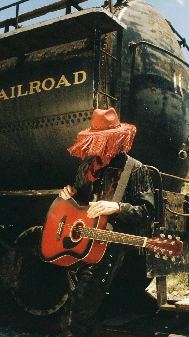 ai character: Red leather  background