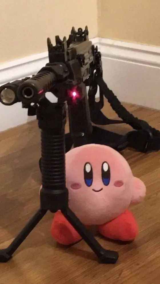 ai character: kirby with a gun background