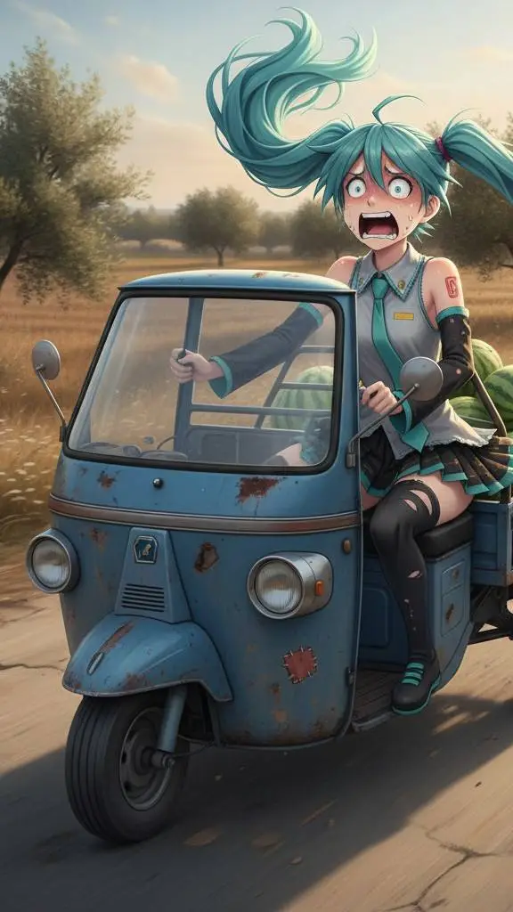 ai character: miku sull ape car background