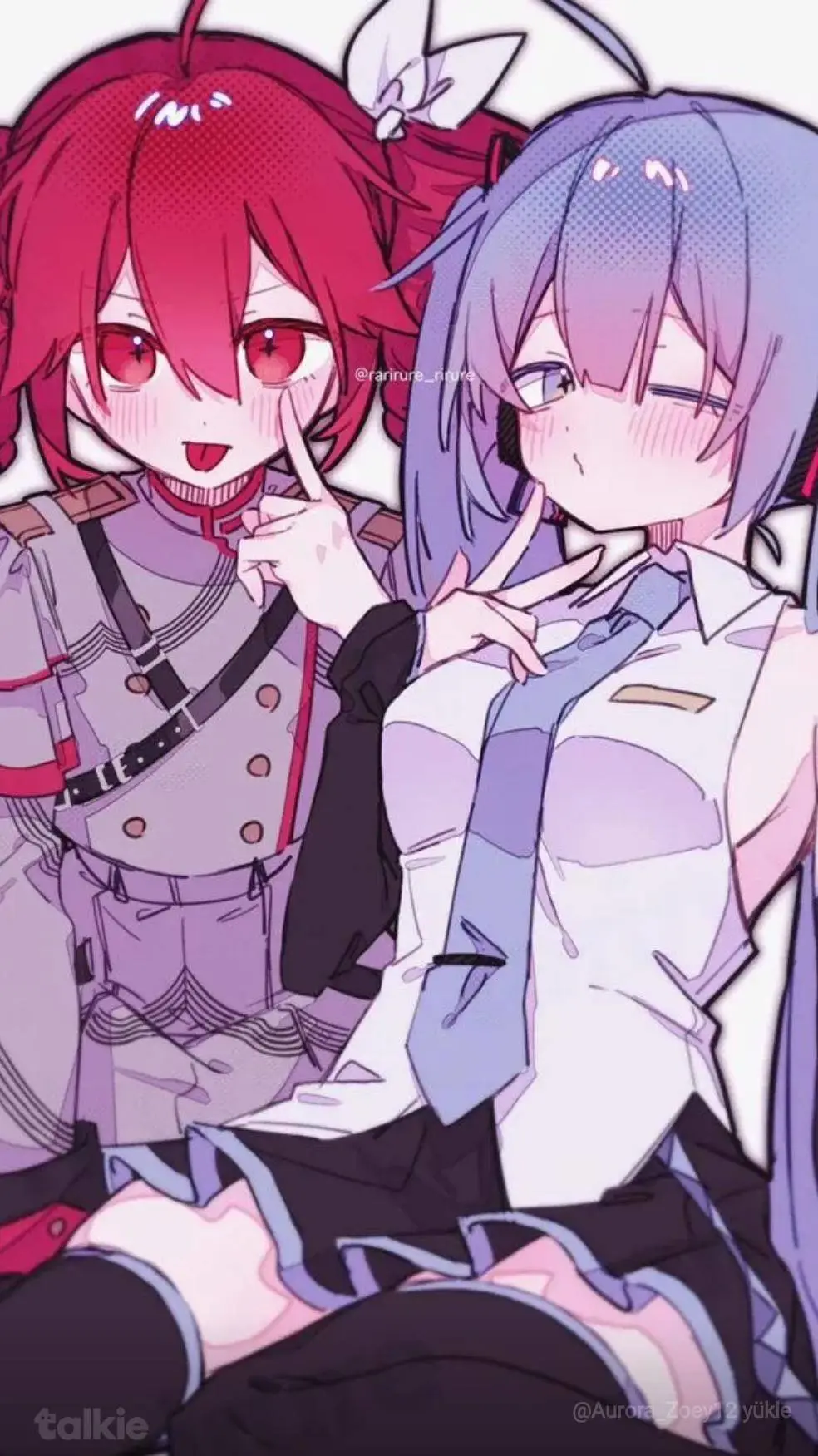 ai character: Miku and Teto 🔵🔴 background