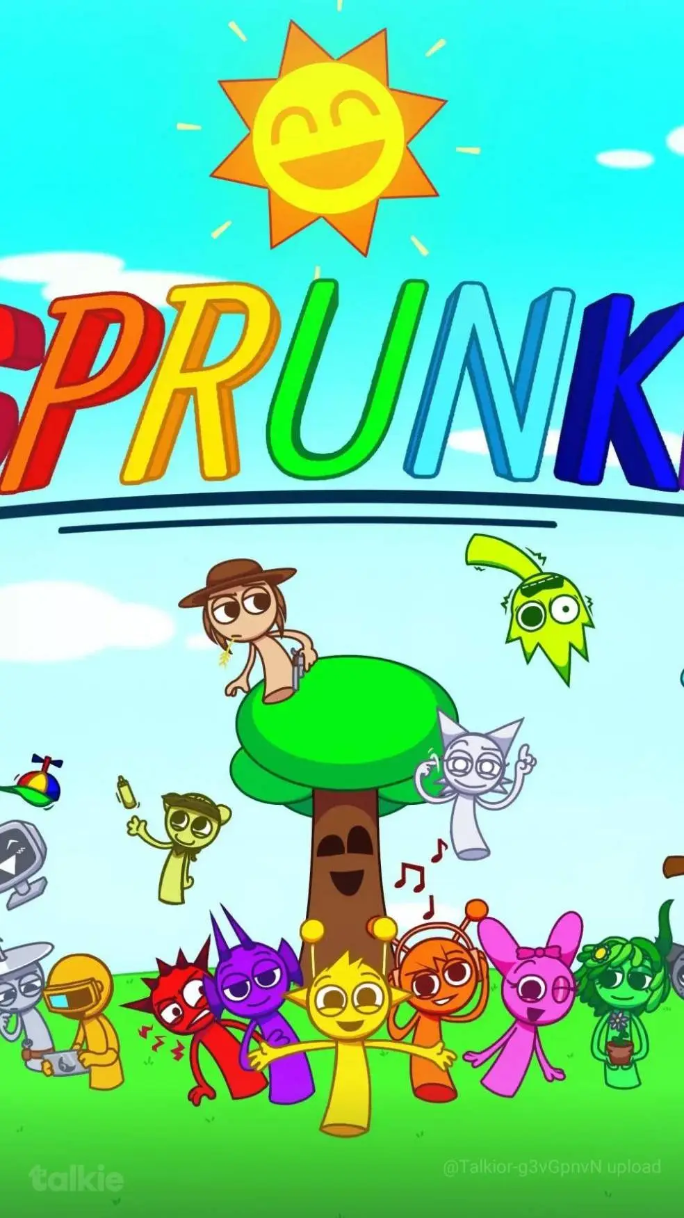 ai character: Sprunki kids rain background