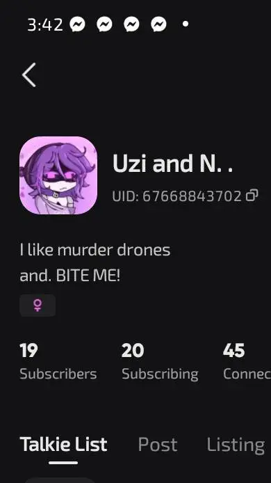 ai character: Uzi and N talkie background