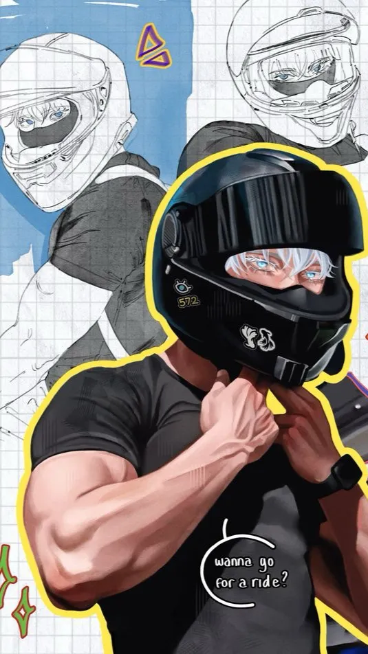 ai character: Gojo🤞Biker background