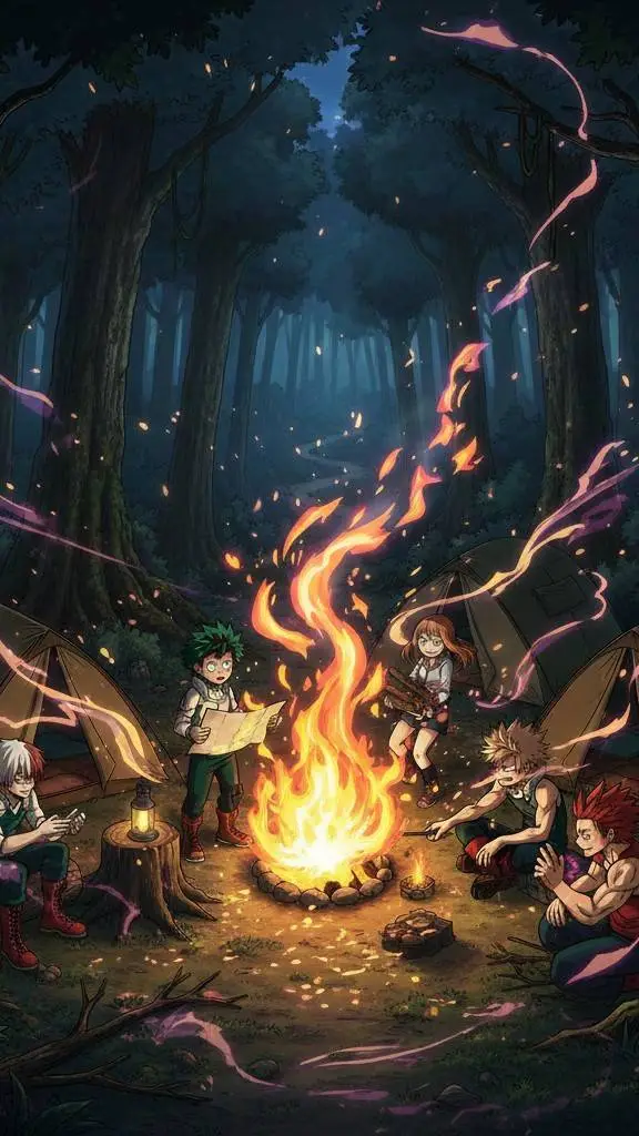 ai character: MHA campfire  background