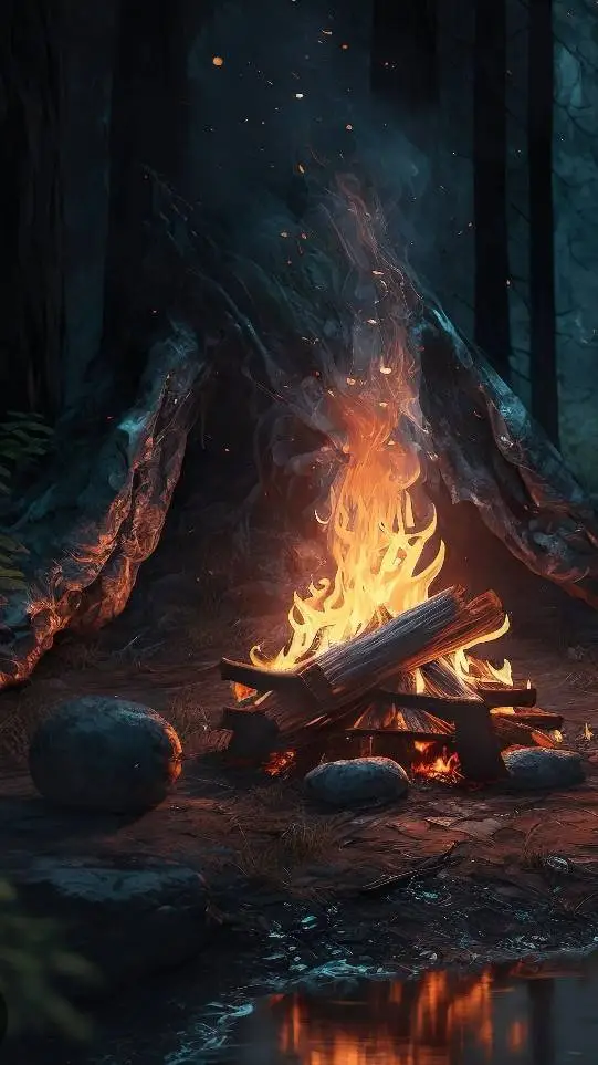 ai character: Kamping w lesie background