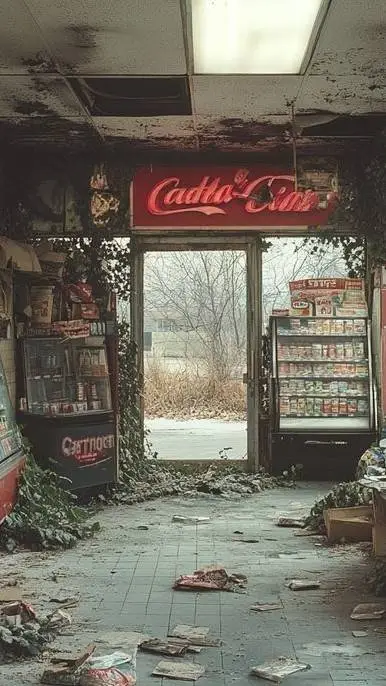 ai character: overgrown store  background