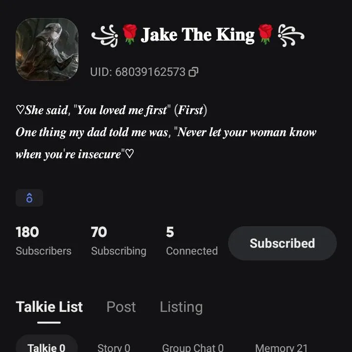 chat with ai character: ꧁🌹Jake The king🌹꧂