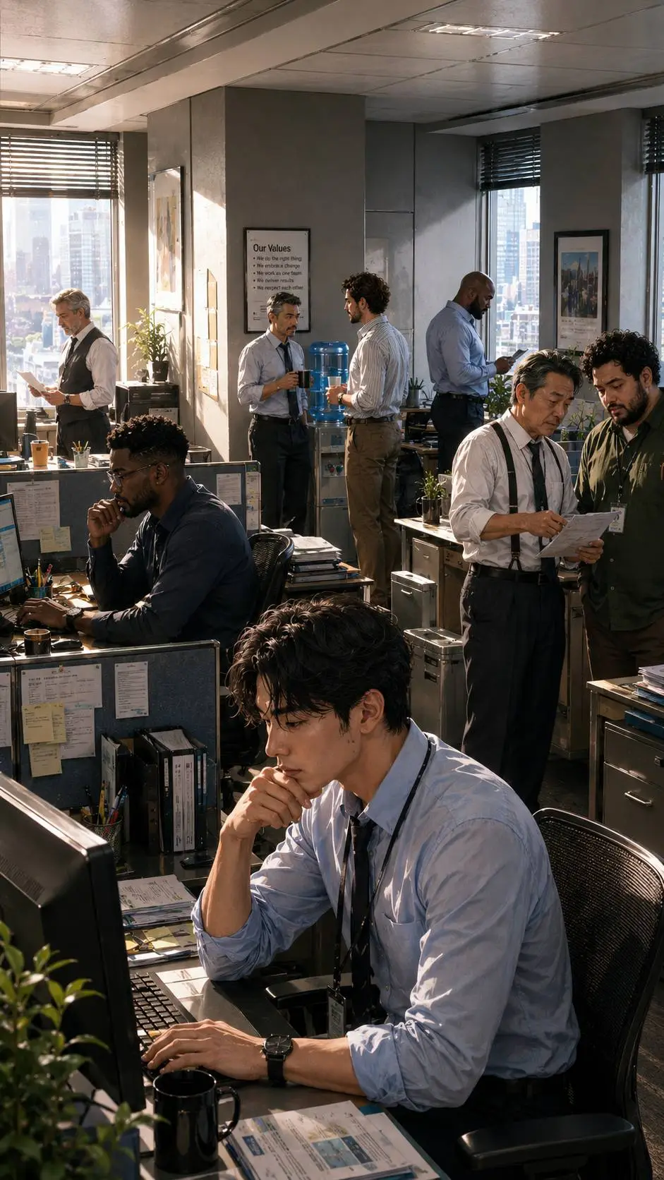 ai character: All Male Office background