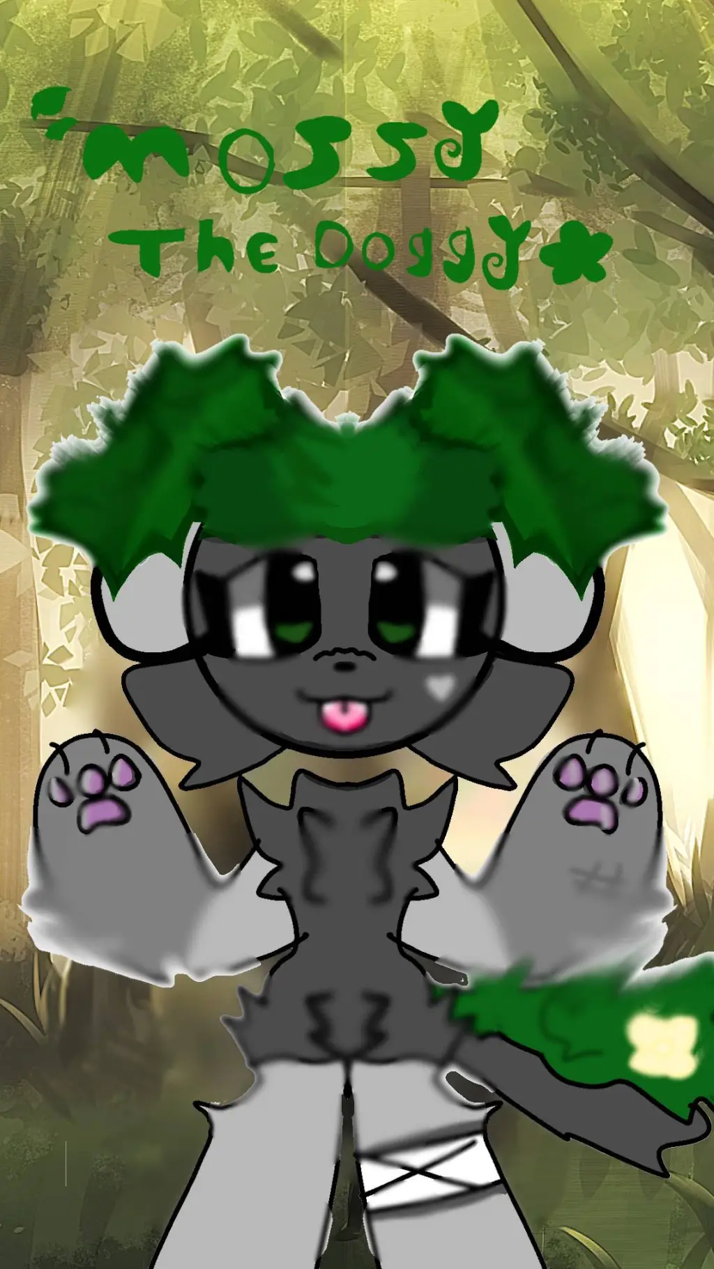 ai character: Mossy the doggy🐾🪨🌼 background