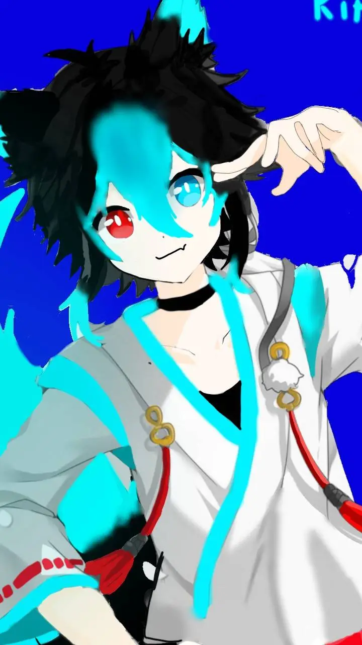 ai character: Kitsuro Aoki 🩵❤️🖤 background
