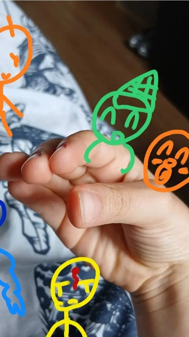 ai character: Hand en vrienden background