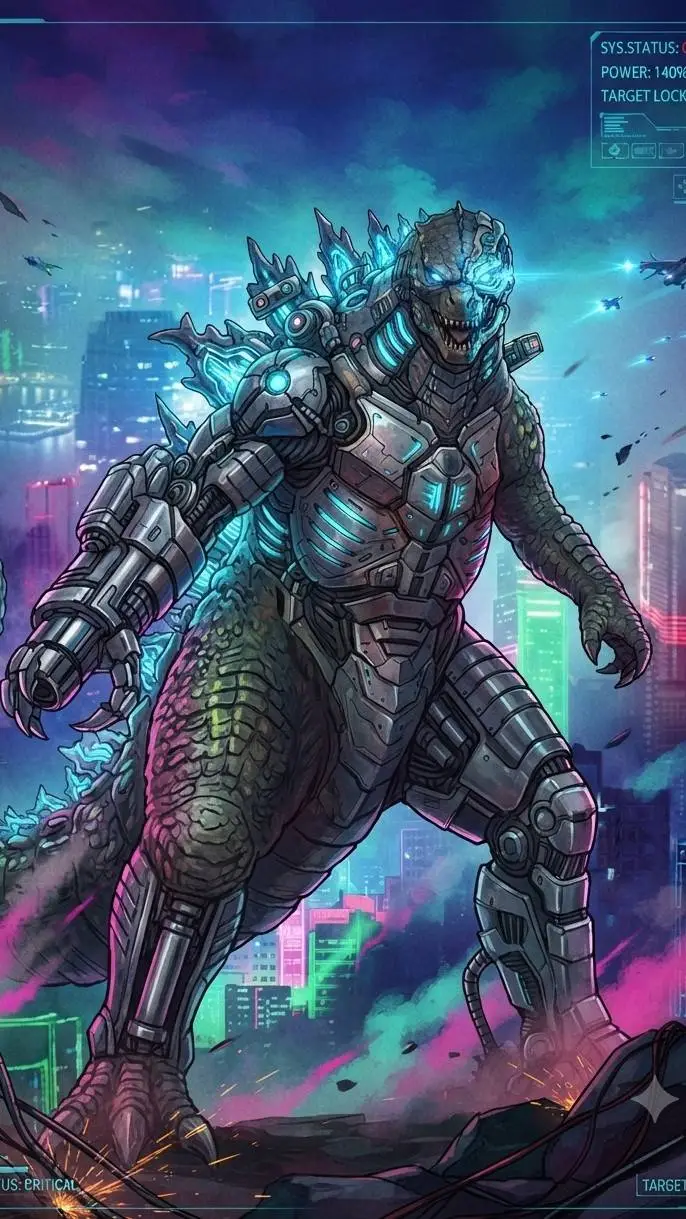 ai character: Godzilla Cyborg background