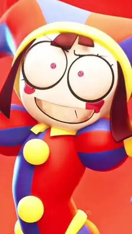 ai character: happy pomni  🔴🔵🟨 background