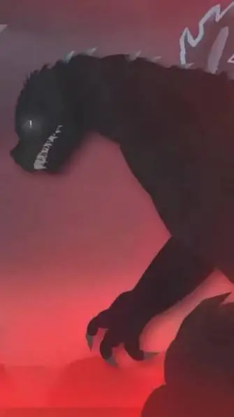 ai character: Slick" Godzilla in background