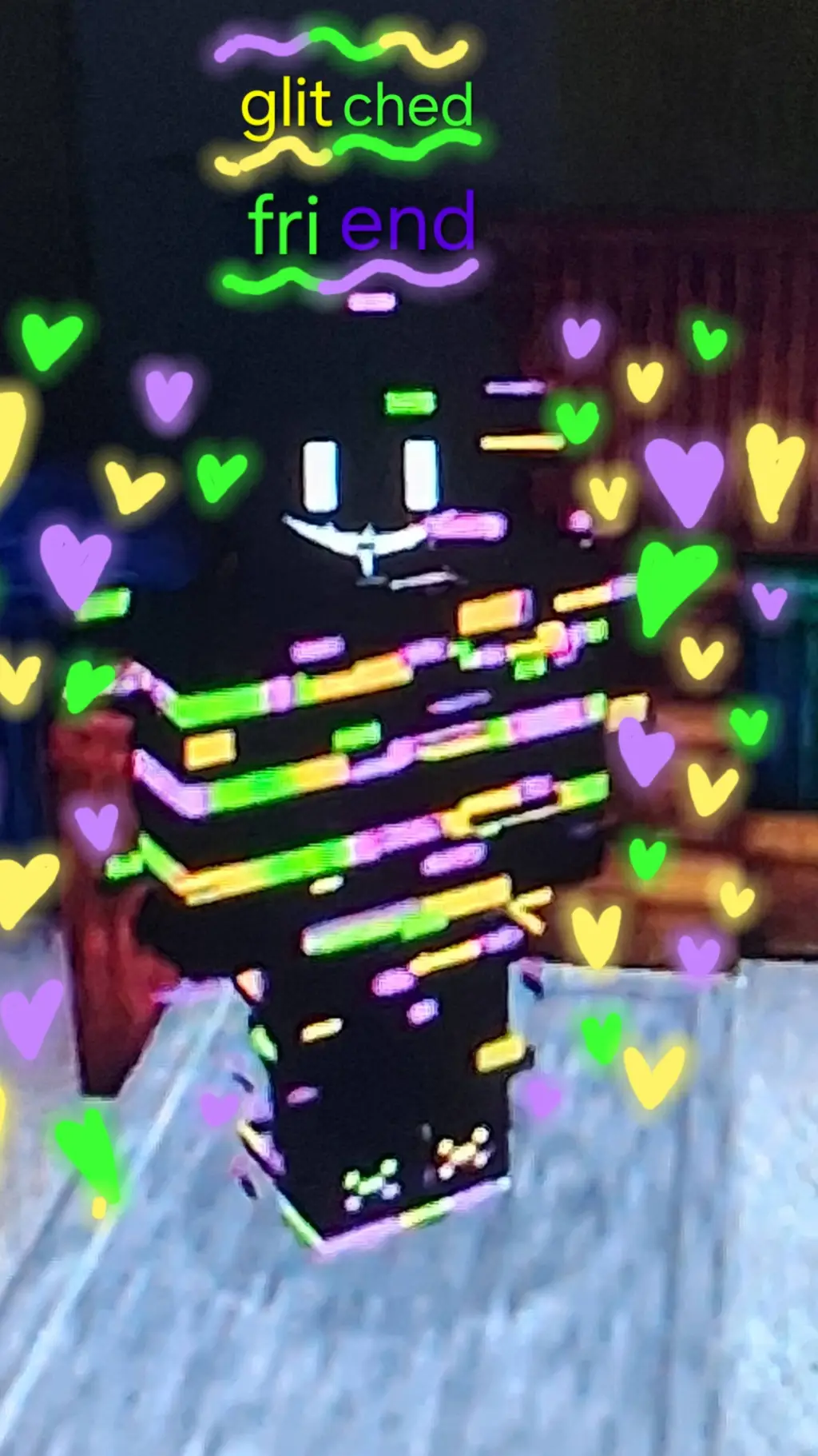 ai character: gLiTcHeD fRiEnD💛💚💜 background