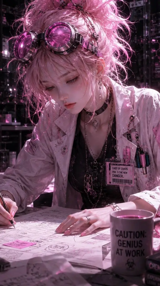 ai character: Miss Mad Scientist background