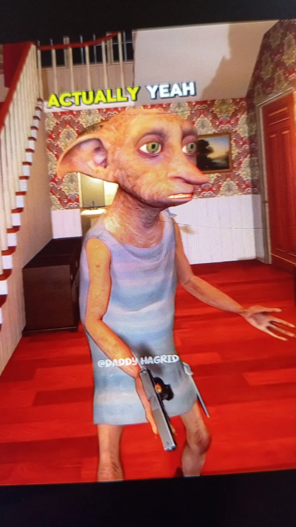 ai character: Dobby with a glock background