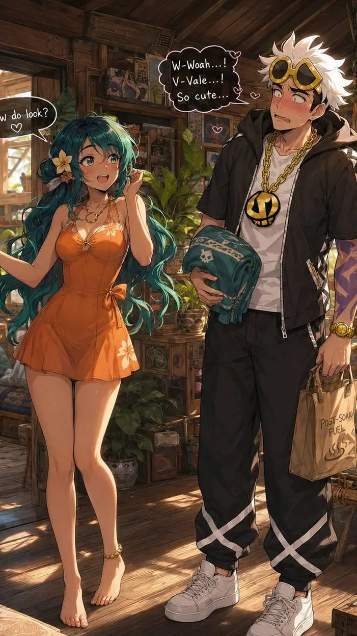 ai character: Guzma beach trip background