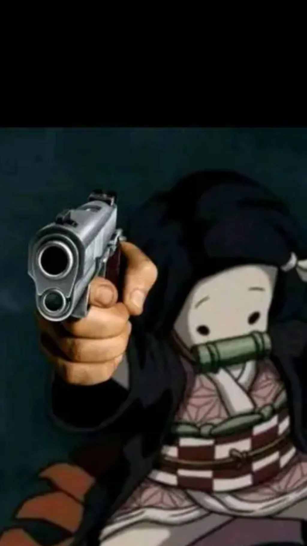 ai character: Nezuko with a gun background