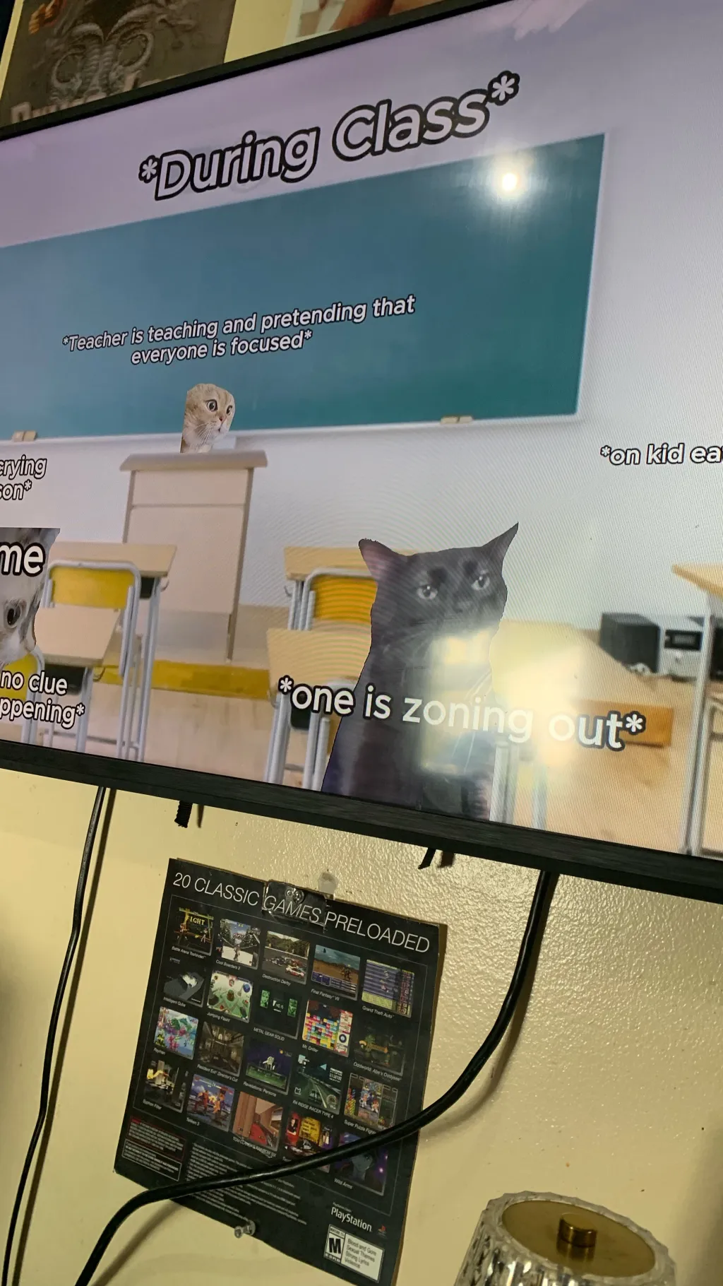 ai character: Cat meme school background