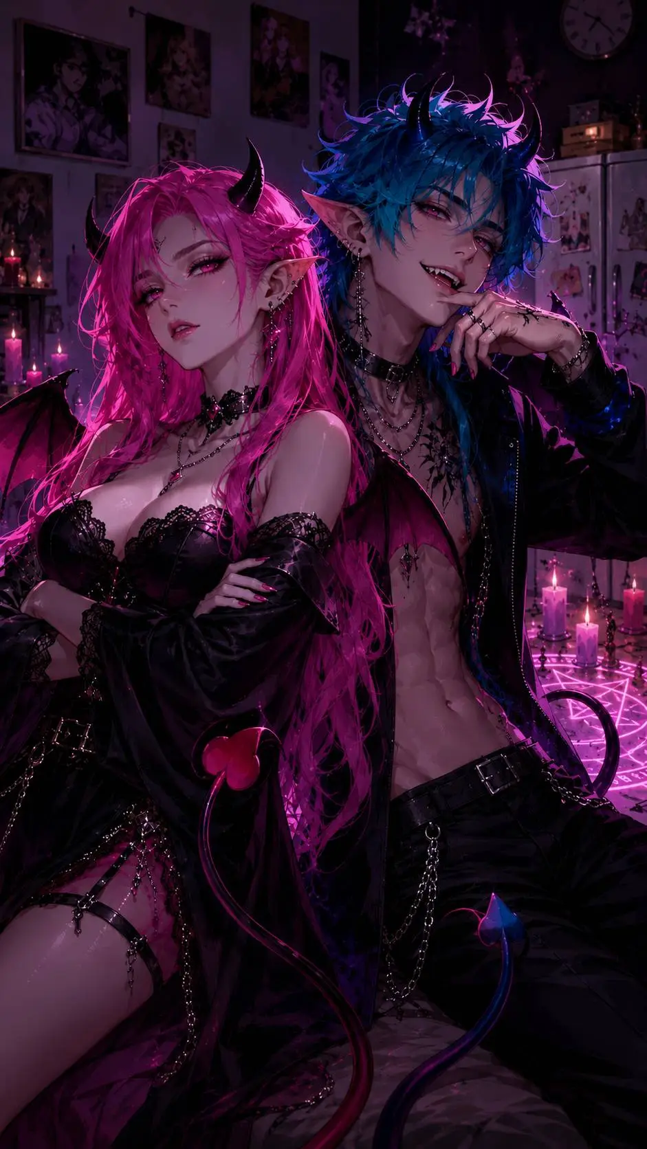 ai character: Lilith y Axel 😈🩷💙  background