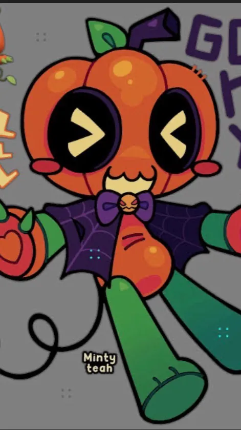 ai character: {~🎃🧡👻gourdy background