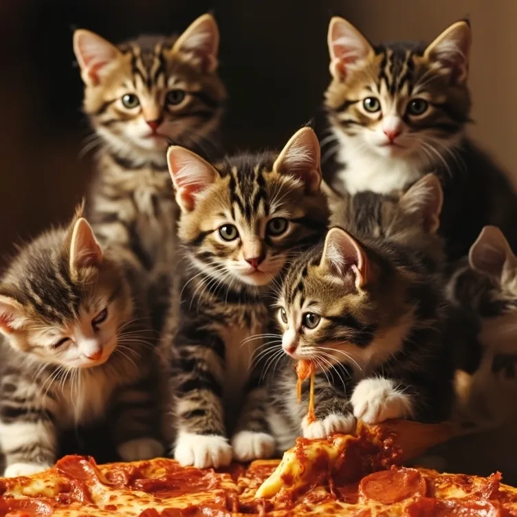 chat with ai character: Kittens eat pizza