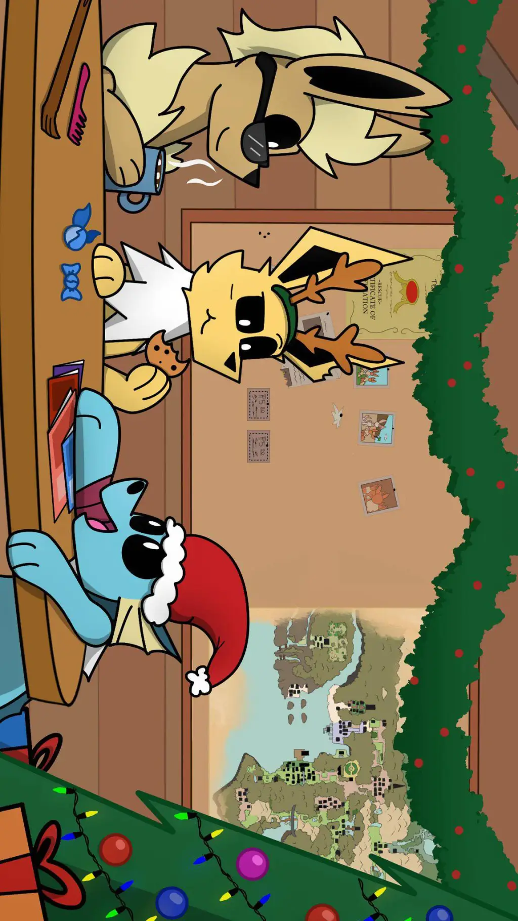 ai character: team 5 Christmas  background