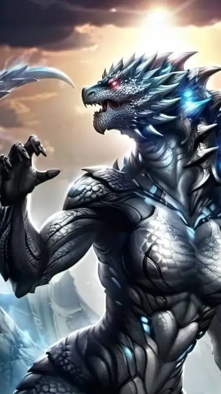 ai character: female Godzilla  background