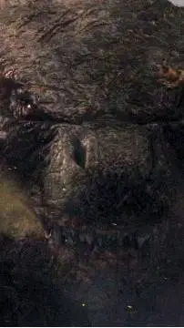 ai character: female Godzilla  background