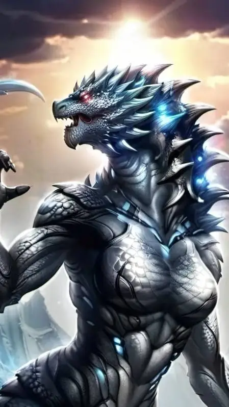 ai character: female Godzilla  background