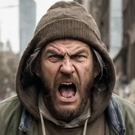 chat with ai character: Angry homeless man
