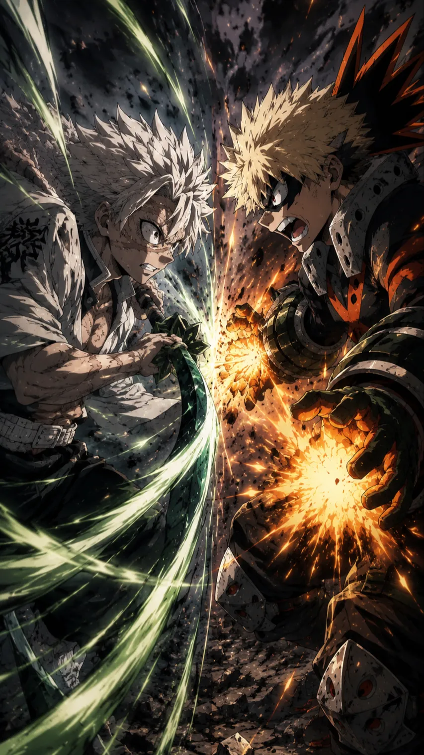 ai character: Sanemi VS Bakugo background