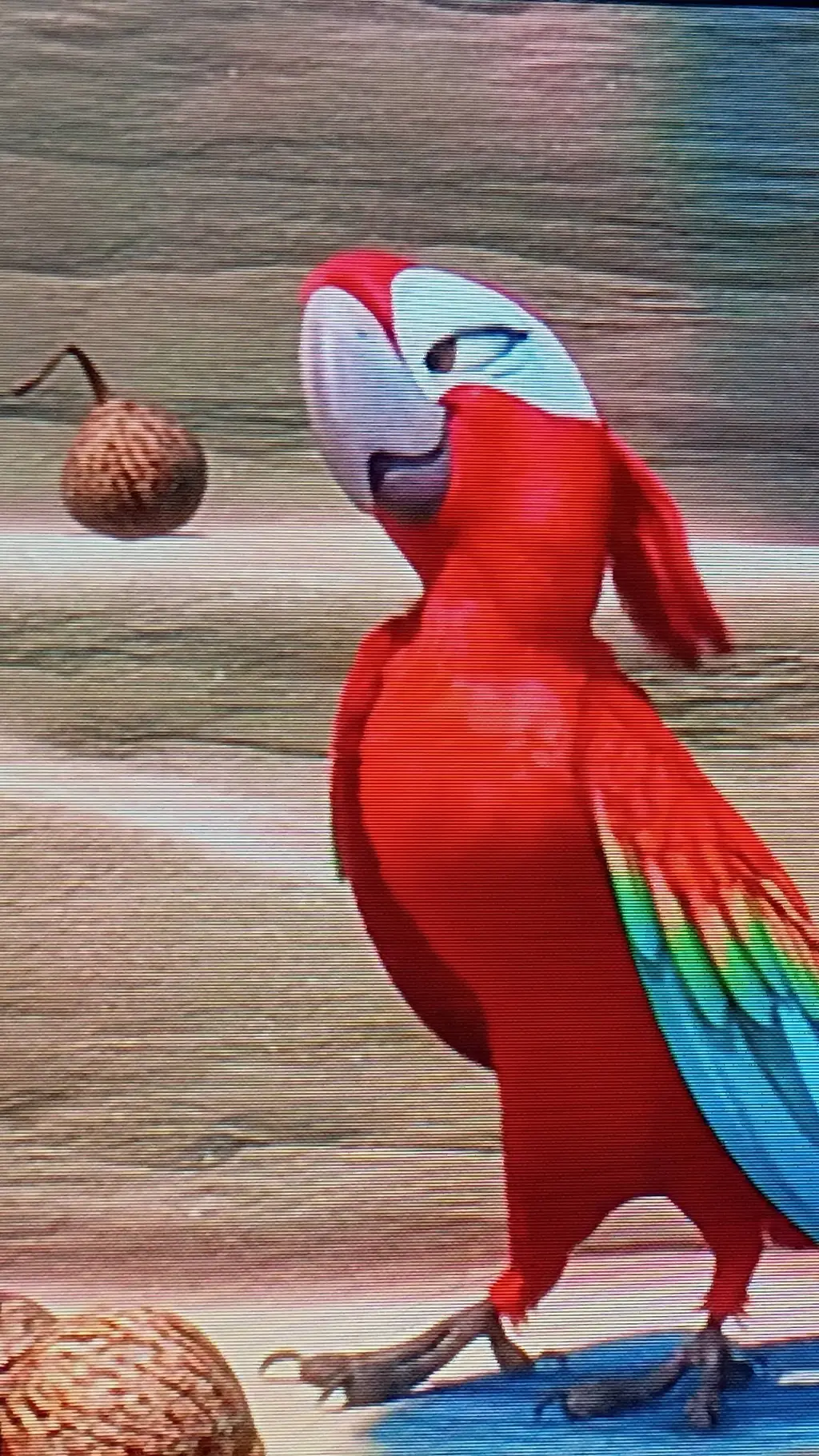 ai character: Female red macaw  background