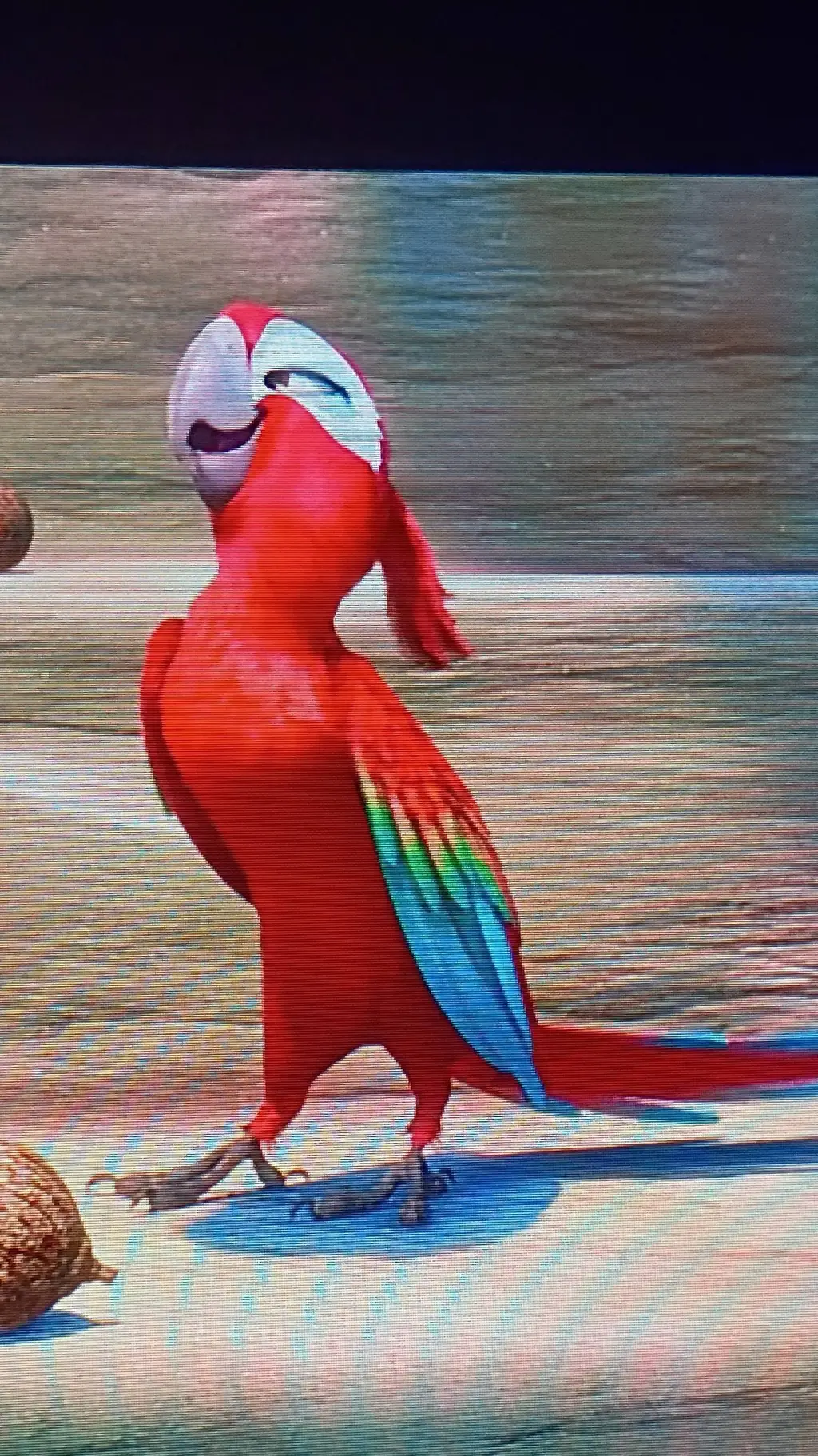ai character: Female red macaw  background