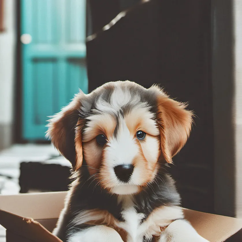 chat with ai character: A pup in a box