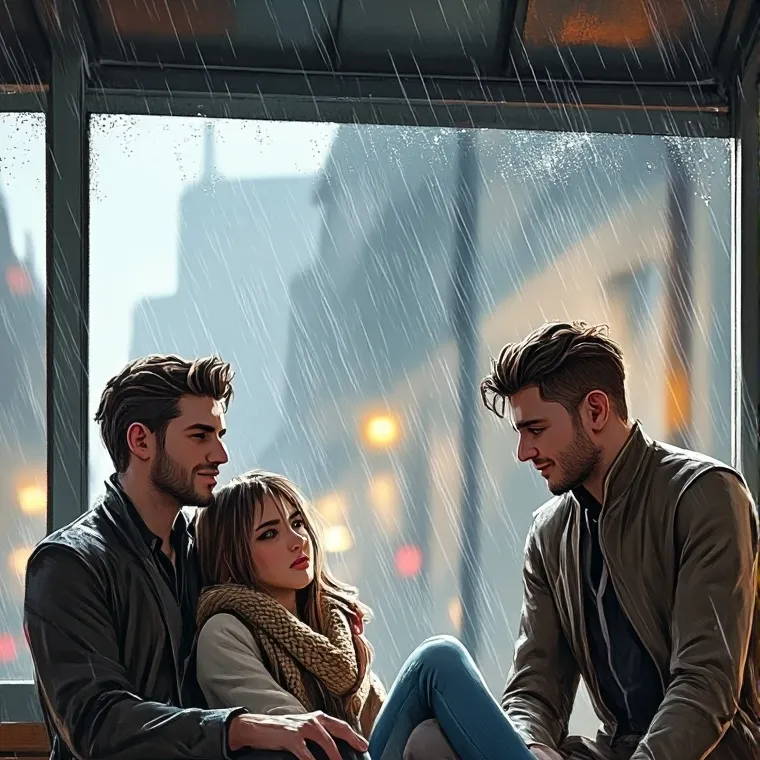 chat with ai character: Throuple in rain