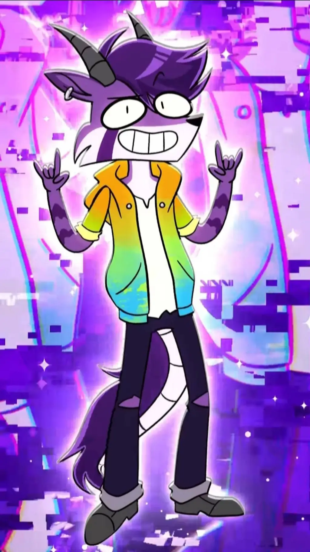 ai character: rave💜🧡💚💙🦝🐲 background