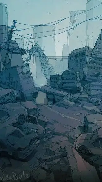 ai character: A destroyed places background