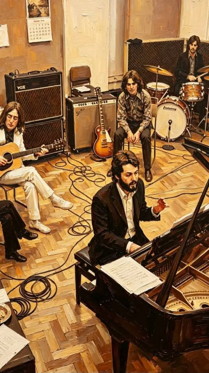 ai character: The Beatles 1969 background