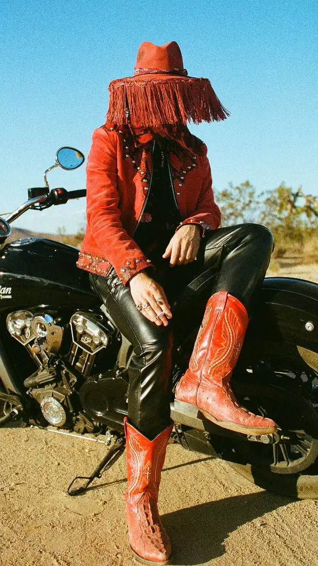 ai character: red leather  background